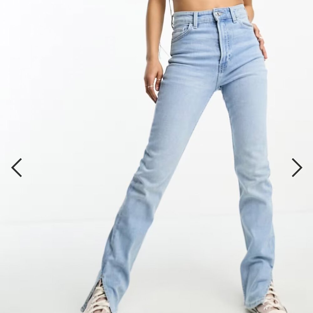 Bershka Petite slit hem jeans in light blue in US 10